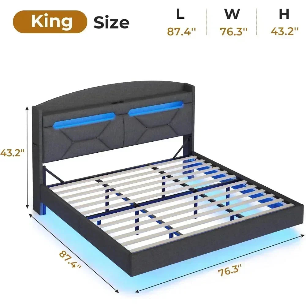 Bed Frame with Type-C Charging Station& Hidden Storage Headboard