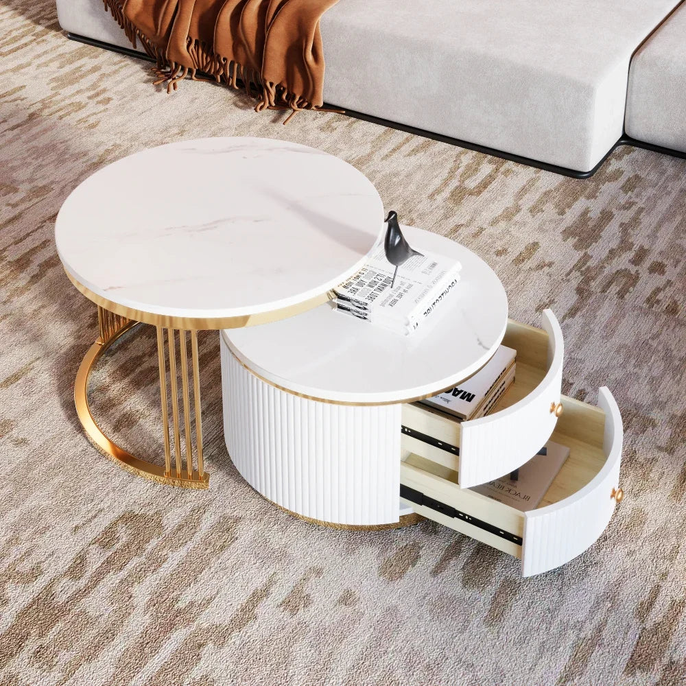 Modern 2 Piece White Round Nested Coffee Table with Drawers