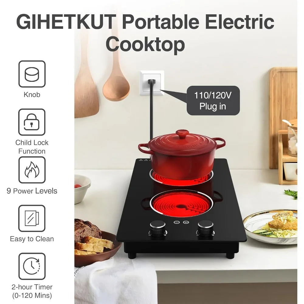 Electric Cooktop, Electric Stove Top with Knob Control, Kids Lock & Timer, Hot Surface Indicator