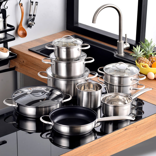 Cooking Pot Pan Stainless Steel 8/9/14 Piece Set.