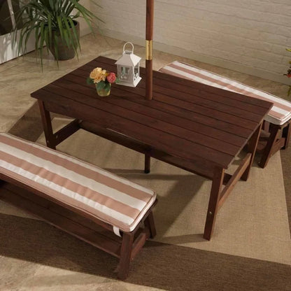 Outdoor Wooden Table and Bench Set with Cushions and Umbrella.