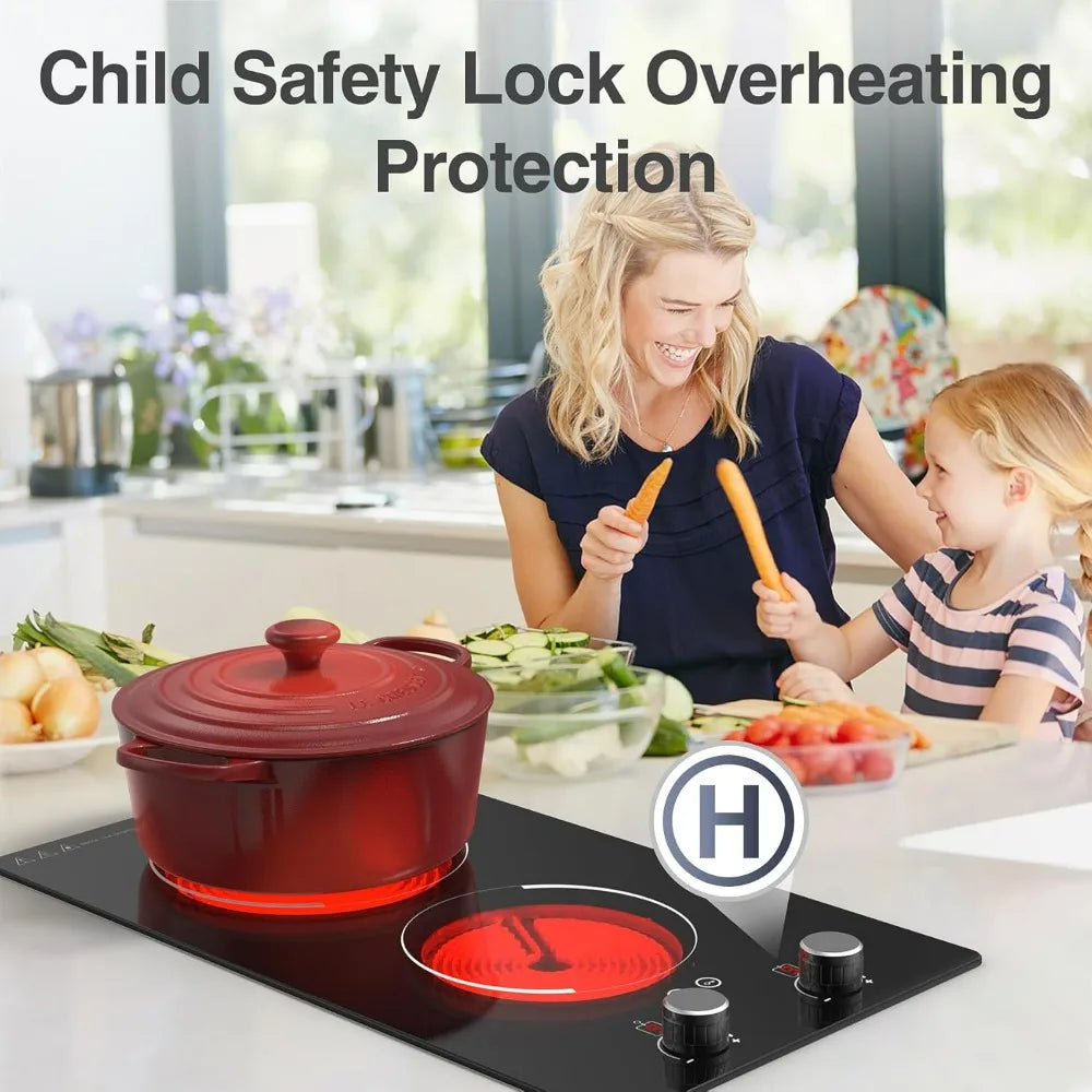 Electric Cooktop, Electric Stove Top with Knob Control, Kids Lock & Timer, Hot Surface Indicator