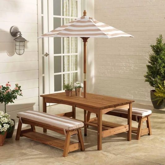 Outdoor Wooden Table and Bench Set with Cushions and Umbrella.