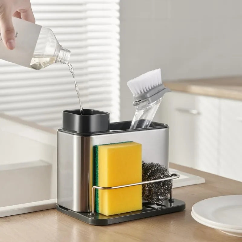 Dish Soap Dispenser 3-in-1 Sponge Holder for Kitchen Sink Stainless Steel, Rustproof