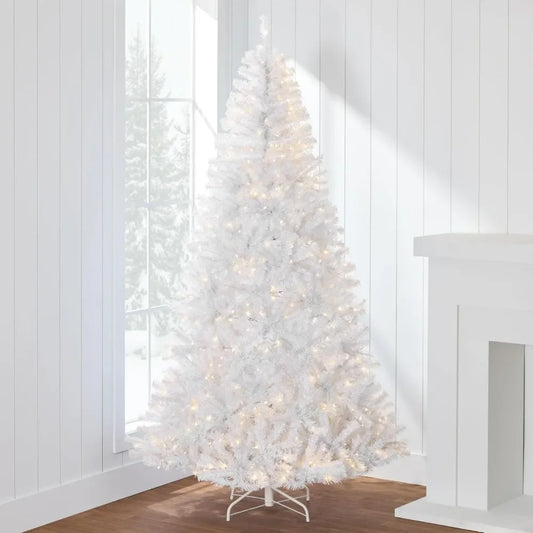 White Christmas Tree Pre-Lit Artificial Pine Tree Premium Holiday Decoration w/Warm White Lights Stand Easy Assembly