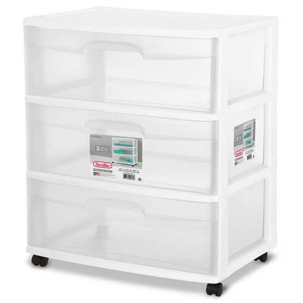 Drawer Wide Cart Storage Organizer Rolling Cart Home Office White Easy Slide Out Drawers Integrated Handles