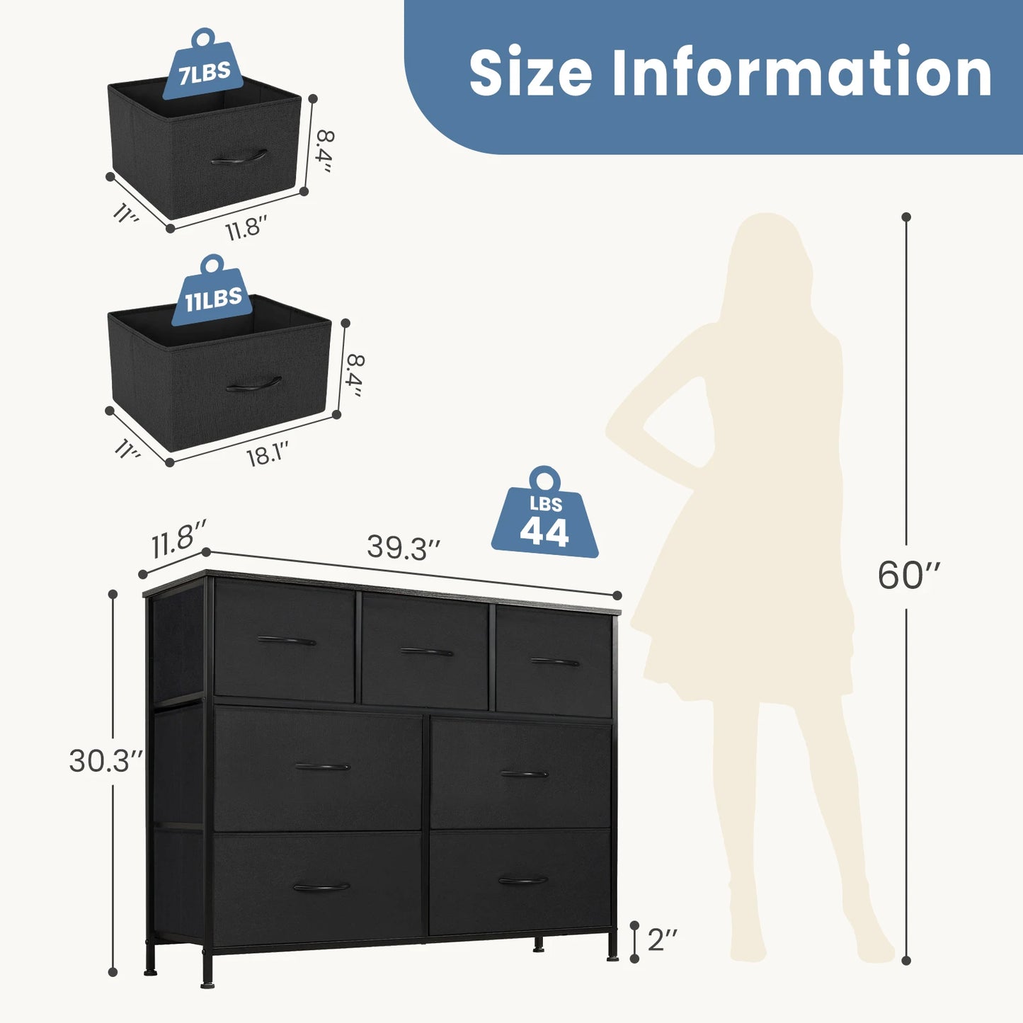 JHK Dresser With 7 fabric Drawers.