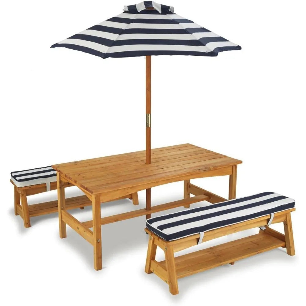 Outdoor Wooden Table and Bench Set with Cushions and Umbrella.