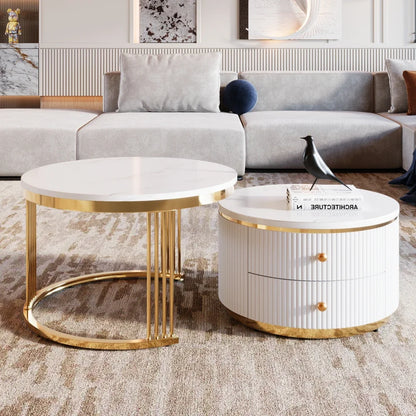 Modern 2 Piece White Round Nested Coffee Table with Drawers