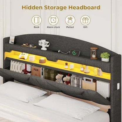 Bed Frame with Type-C Charging Station& Hidden Storage Headboard