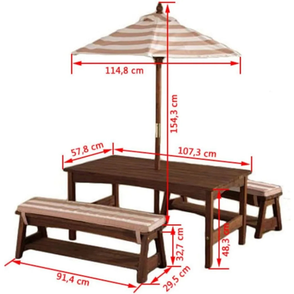 Outdoor Wooden Table and Bench Set with Cushions and Umbrella.