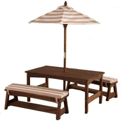 Outdoor Wooden Table and Bench Set with Cushions and Umbrella.