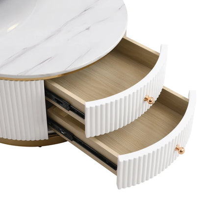 Modern 2 Piece White Round Nested Coffee Table with Drawers