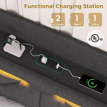 Bed Frame with Type-C Charging Station& Hidden Storage Headboard