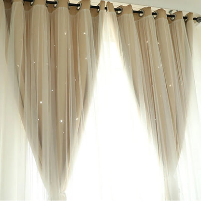 Bright Double Layer Blackout Star Hollow Curtains with Lace Tulle Fabric