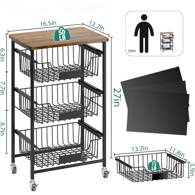 4-Tier Vegetable Fruit Basket Kitchen Storage Rolling Cart