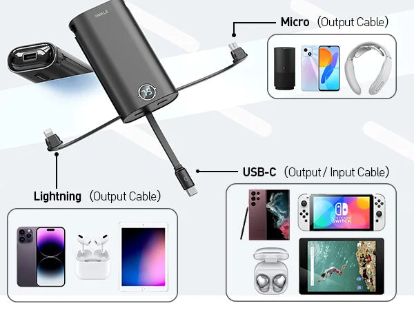 Large Capacity Mobile Power Bank with Fast Charging Cable.